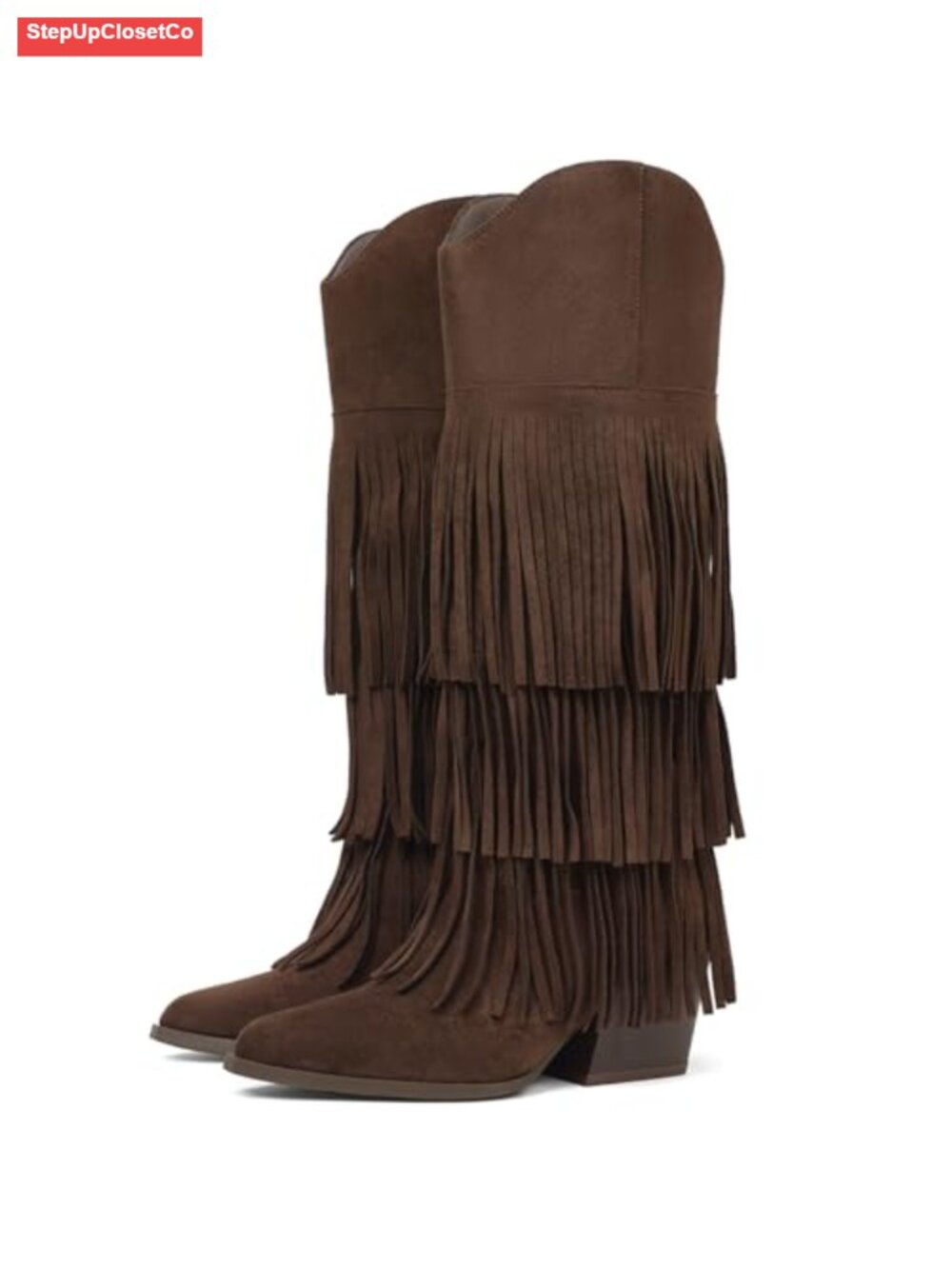 Faux Suede Fringe Cowboy Boots Retro Block Heel Pull On Western Boots